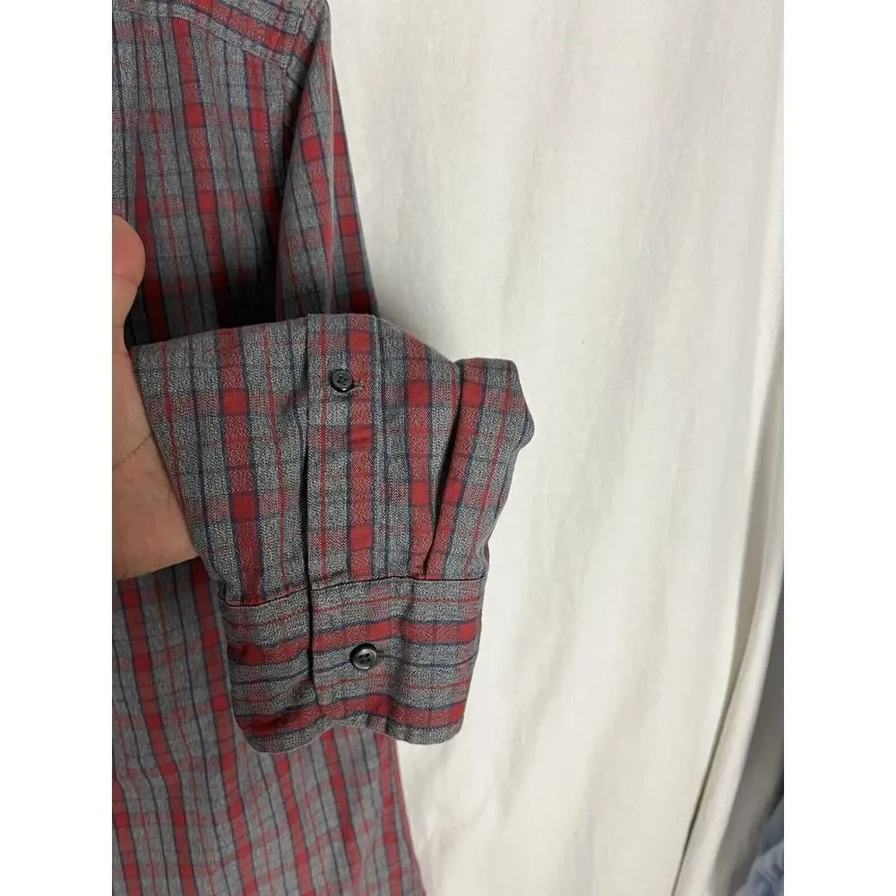 J.Crew Mens Shirt Size M Grey Red Plaid Long Sleeve‎ Button 100% Cotton